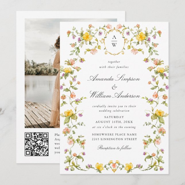Meadow Pastel Rose Floral Wedding QR Code Foto Einladung (Vorne/Hinten)