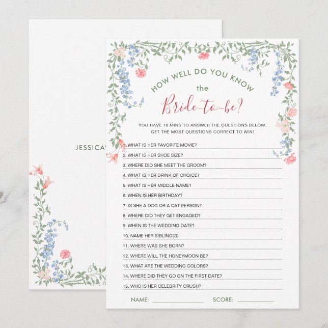Meadow Pastor French Rose Brautparty Game Card Einladung (Vorne/Hinten)
