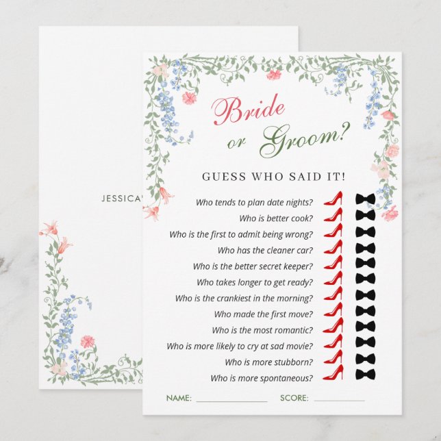 Meadow Pastor French Rose Brautparty Game Card Einladung (Vorne/Hinten)