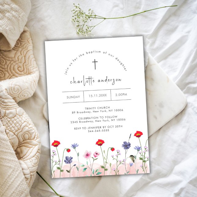 Meadow Summer Little Blume Cross Baptisse Einladung (Meadow Summer Little Flower Cross Baptism Invitation)