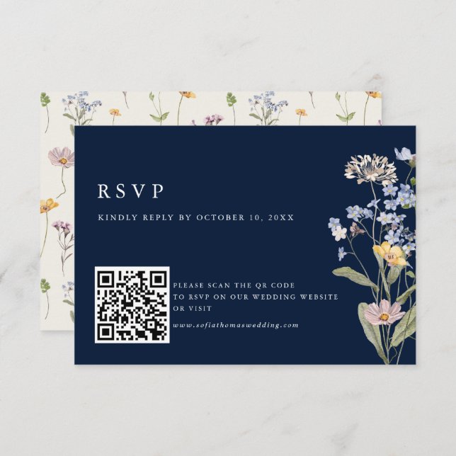 Meadow Wedding QR-Code für Navy Spring Wildblume RSVP Karte (Vorne/Hinten)