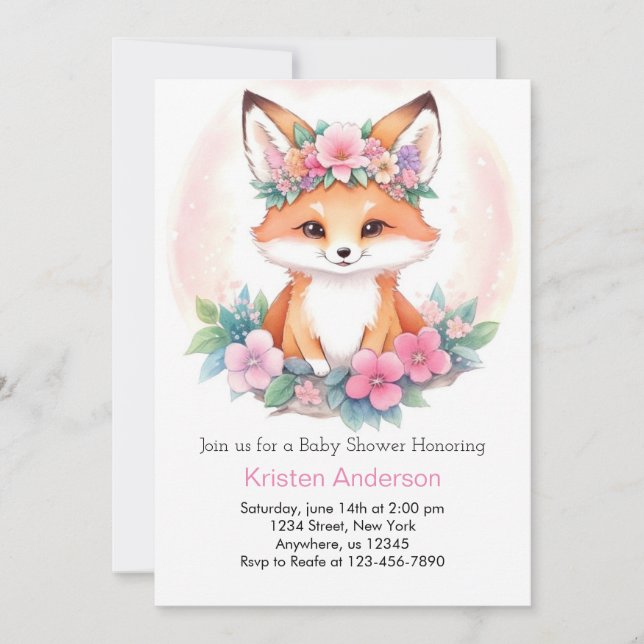 Meadow Whimsical Fox Pink Boho Girl Babydusche Einladung (Vorderseite)