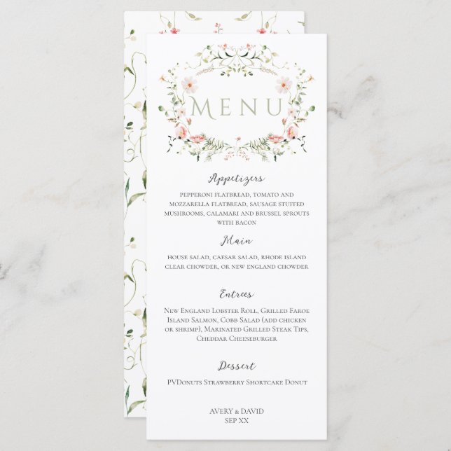 Meadow Wildblume Rustic Boho Wedding Menükarte (Vorne/Hinten)