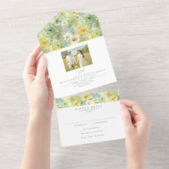Meadow Wildblumen Summer Boho Wedding Foto All In One Einladung (Abreißen)