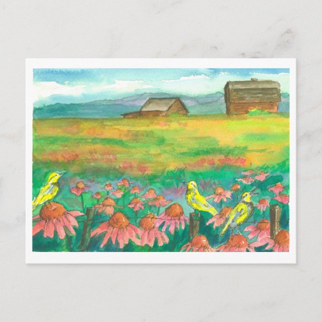 Meadowlark Vögel Aquarellfarben Blume Malerei Postkarte (Vorderseite)