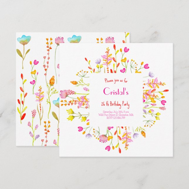 Meadows fleurs adultes invitation à l'anniversaire (Devant / Derrière)