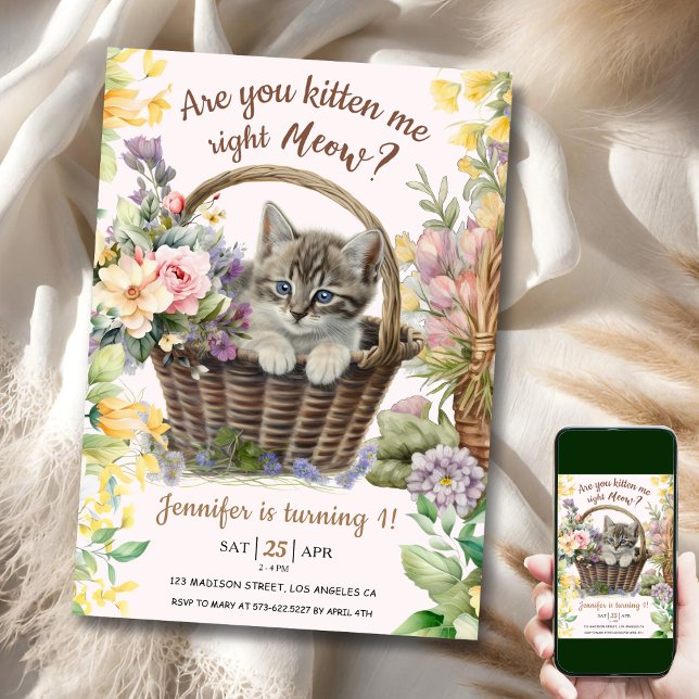 Meau! Floral Niedlich Kitten Girl Cat 1. Geburtsta Einladung (Von Creator hochgeladen)
