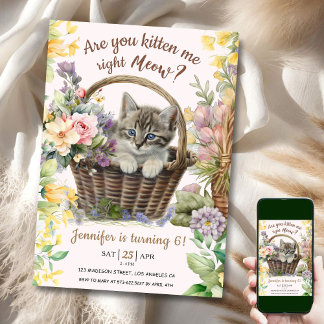 Meau! Floral Niedlich Kitten Girl Cat 6. Geburtsta Einladung