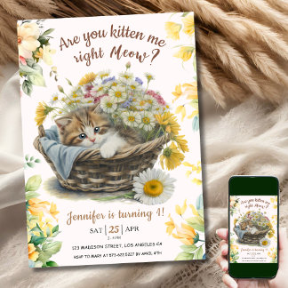 Meau! Niedlich Kitten Floral Kitty Cat 1. Geburtst Einladung
