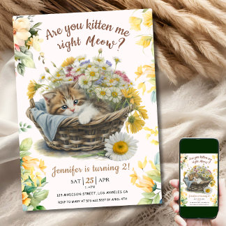 Meau! Niedlich Kitten Floral Kitty Cat 2. Geburtst Einladung