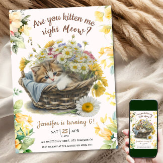 Meau! Niedlich Kitten Floral Kitty Cat 6. Geburtst Einladung