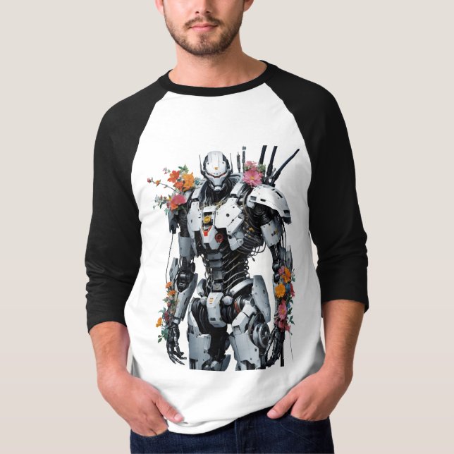 Mech-Roboter mit Blumen T-Shirt (Vorderseite)