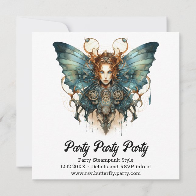 Mechanic Hairstrena Butterfly Steampunk Wedding Ankündigung (Vorderseite)
