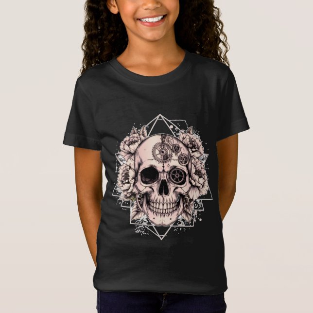 "Mechanical Bloom" – Gothic Skull with Floral Gear T-Shirt (Vorderseite)