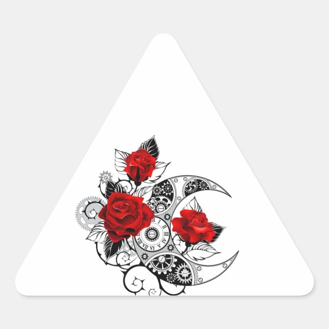 Mechanical Crescent with Red Roses Dreieckiger Aufkleber (Vorderseite)