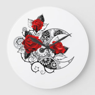 Mechanical Crescent with Red Roses Große Wanduhr