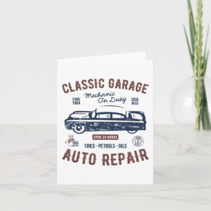 Mechaniker auf Dienst in klassischer Autogarage Karte