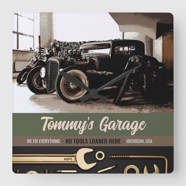 Mechanische Automotorradgarage Quadratische Wanduhr (Vorderseite)