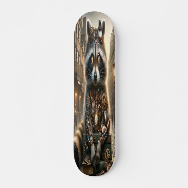 "Mechanische Marvel: Das Steampunk-Raccoon Skateboard (Vorne)