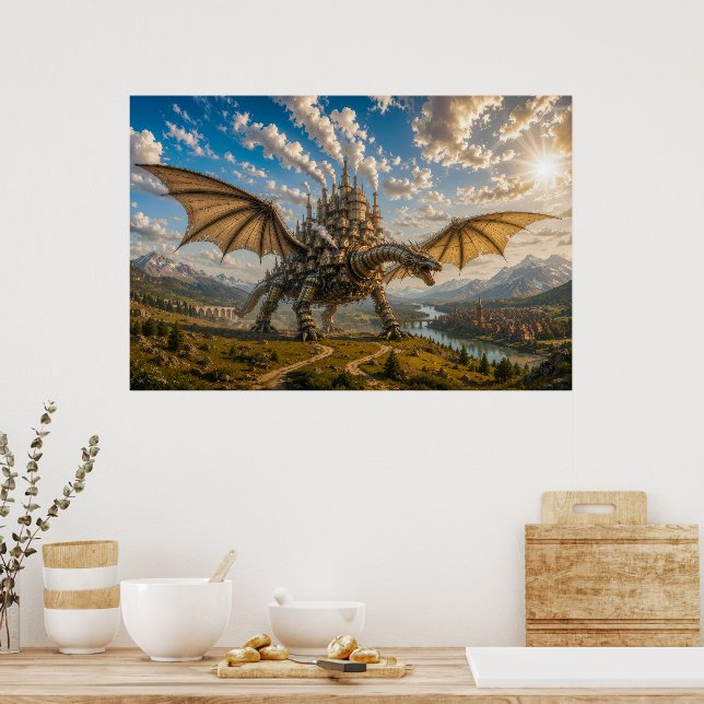 Mechanischer Drache, der eine Steampunk-Schlosssta Poster (Küche)