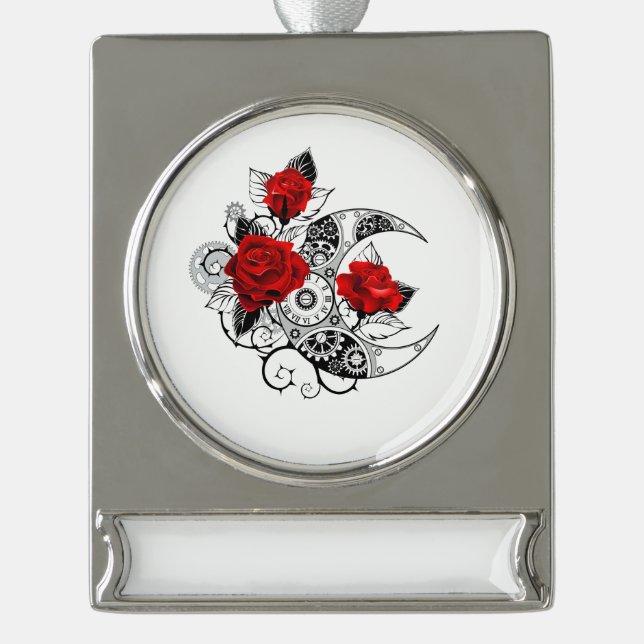 Mechanischer Halbmond mit Rote Rosen Banner-Ornament Silber (Vorderseite)