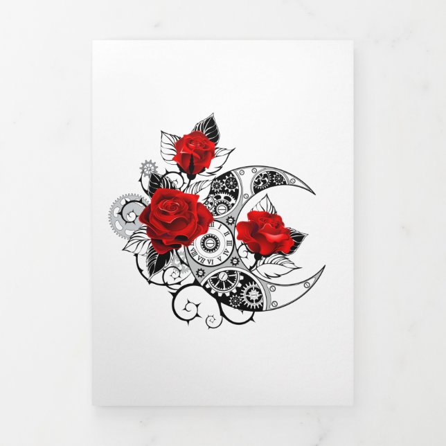 Mechanischer Halbmond mit Rote Rosen Dreifach Gefaltete Einladung (Cover)