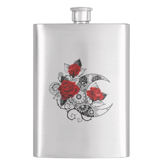 Mechanischer Halbmond mit Rote Rosen Flachmann (Vorderseite)