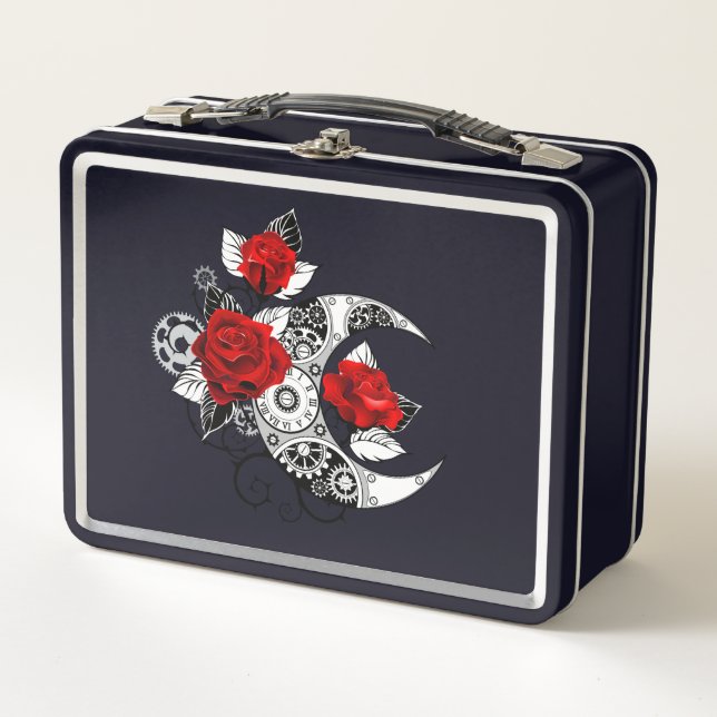 Mechanischer Halbmond mit Rote Rosen Metall Brotdose (Vorderseite)