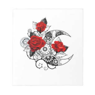 Mechanischer Halbmond mit Rote Rosen Notizblock