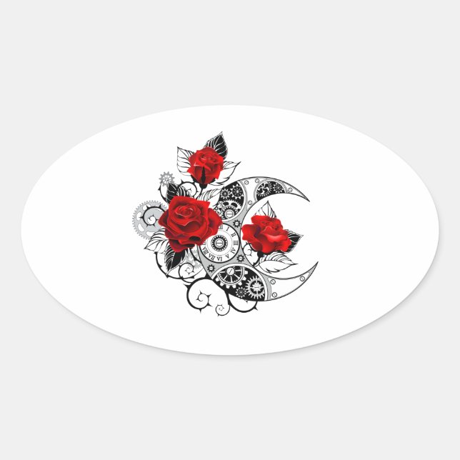 Mechanischer Halbmond mit Rote Rosen Ovaler Aufkleber (Vorderseite)