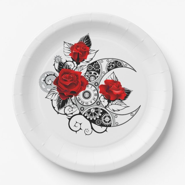Mechanischer Halbmond mit Rote Rosen Pappteller (Vorderseite)