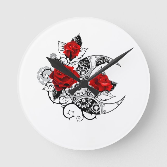 Mechanischer Halbmond mit Rote Rosen Runde Wanduhr (Vorderseite)