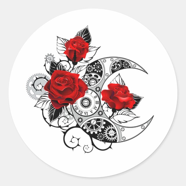 Mechanischer Halbmond mit Rote Rosen Runder Aufkleber (Vorderseite)