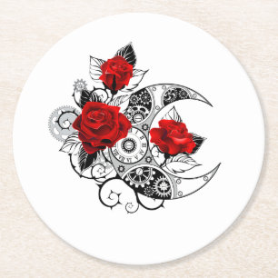 Mechanischer Halbmond mit Rote Rosen Runder Pappuntersetzer