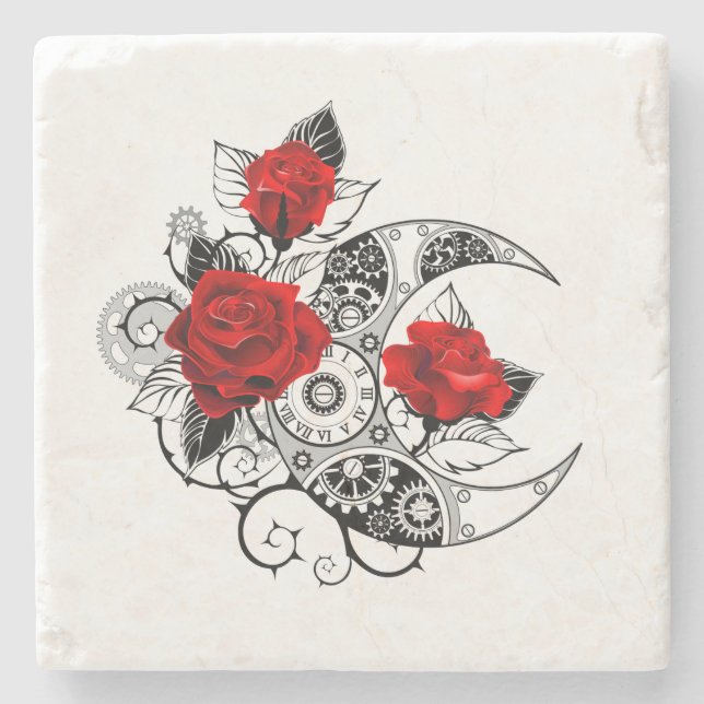 Mechanischer Halbmond mit Rote Rosen Steinuntersetzer (Vorderseite)