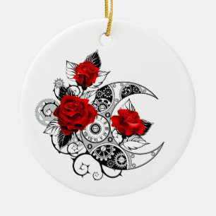 Mechanischer Halbmond mit roten Rosen Keramik Ornament