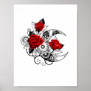 Mechanischer Halbmond mit roten Rosen Poster
