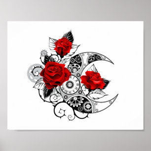 Mechanischer Halbmond mit roten Rosen Poster