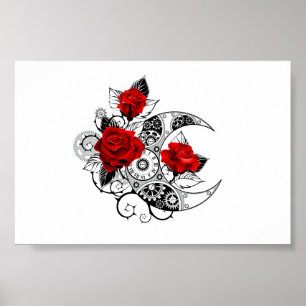 Mechanischer Halbmond mit roten Rosen Poster