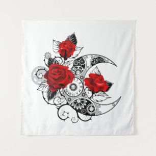 Mechanischer Halbmond mit roten Rosen Wandteppich