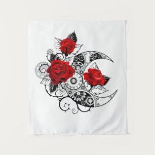 Mechanischer Halbmond mit roten Rosen Wandteppich