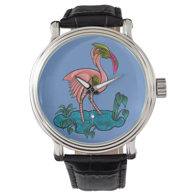 Mechanischer Vogel, rosa Flamingo Mecha Robot Armbanduhr (Vorderseite)