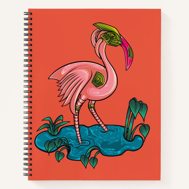 Mechanischer Vogel, rosa Flamingo Mecha Robot Notizbuch (Vorderseite)