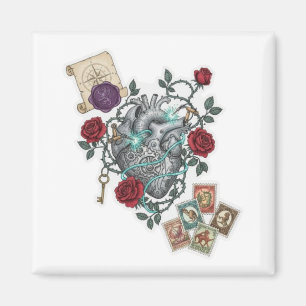 Mechanisches Herz mit Rosen – Vintage-Surreal-Kuns Magnet