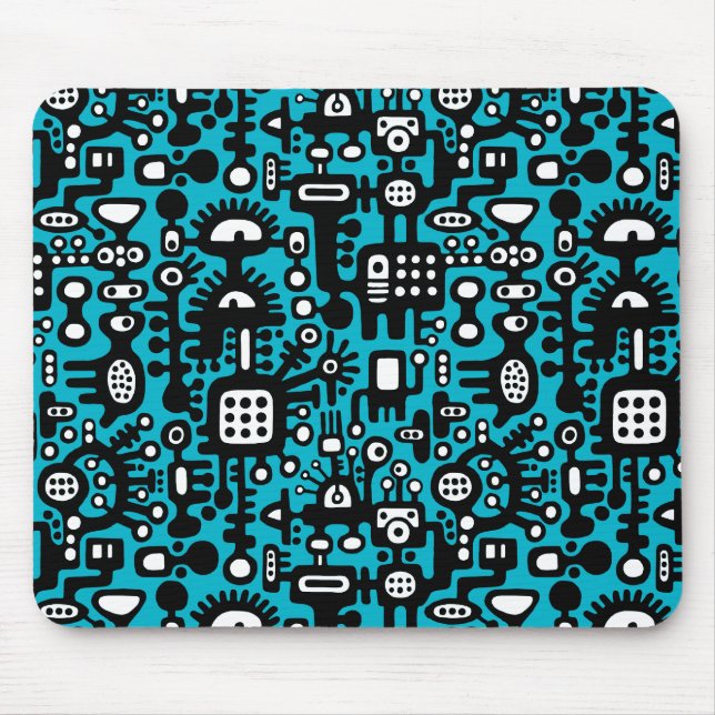 Mechanoid World - Schwarz und Weiß mit Aqua Blue Mousepad (Vorne)
