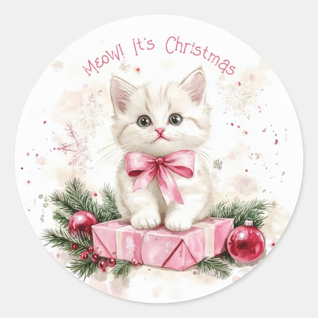 MeChristmas Kitten Pink Runder Aufkleber (Vorderseite)