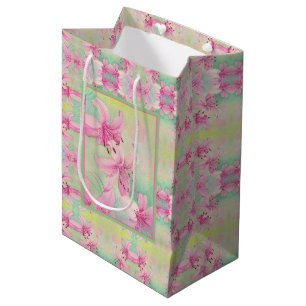 Med Geschenktasche Pink Aquarellfarben Lilien Mittlere Geschenktüte