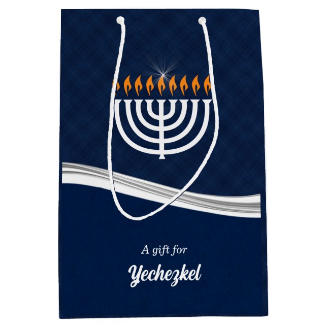 MED moderner blauer und weißer Mittlere Geschenktüte (Vorderseite)
