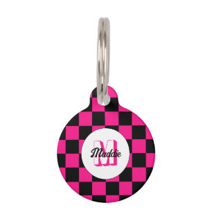 Médaillon Pour Animaux à damiers carré chaud rose noir rétro Monogramme