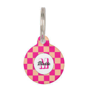 Médaillon Pour Animaux à damiers pêche rose chaud rétro